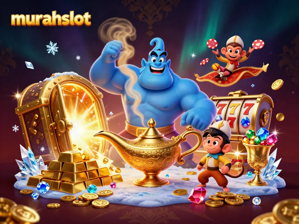 Experience the magic of murahslot with a genie, treasures, and a flying carpet in this casino illustration.