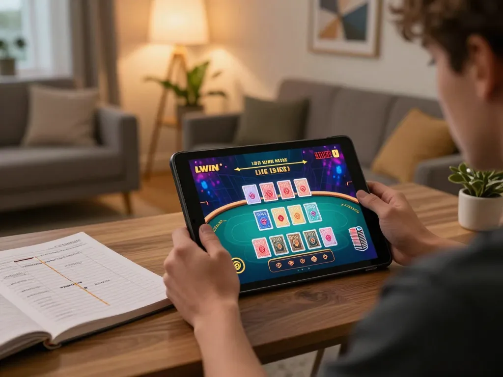 Engaged user playing LLWIN live casino games on a tablet with strategy notes in cozy home setting.