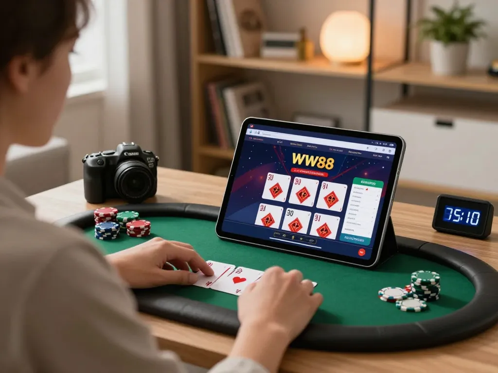 Player engaging in a lively WW88 online casino session on a tablet, immersed in the game strategy.