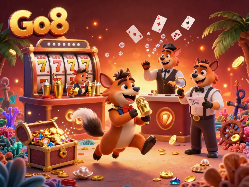 Engage with Go8's vibrant casino experience featuring hyena characters in a playful scene filled with slot elements.