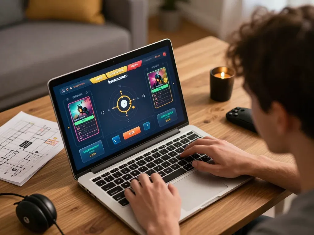 Berinteraksi dengan antarmuka permainan online kenzototo selama sesi taruhan yang mendebarkan di rumah.