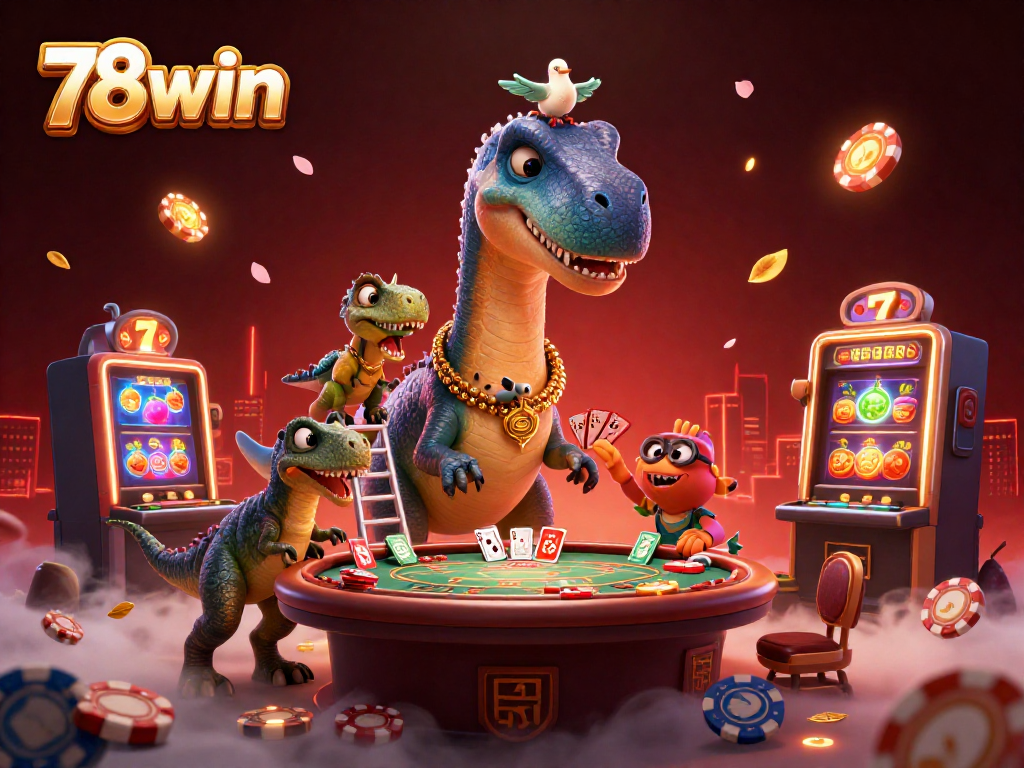 78win casino scene with colorful poker action, vibrant game elements, and dynamic characters.