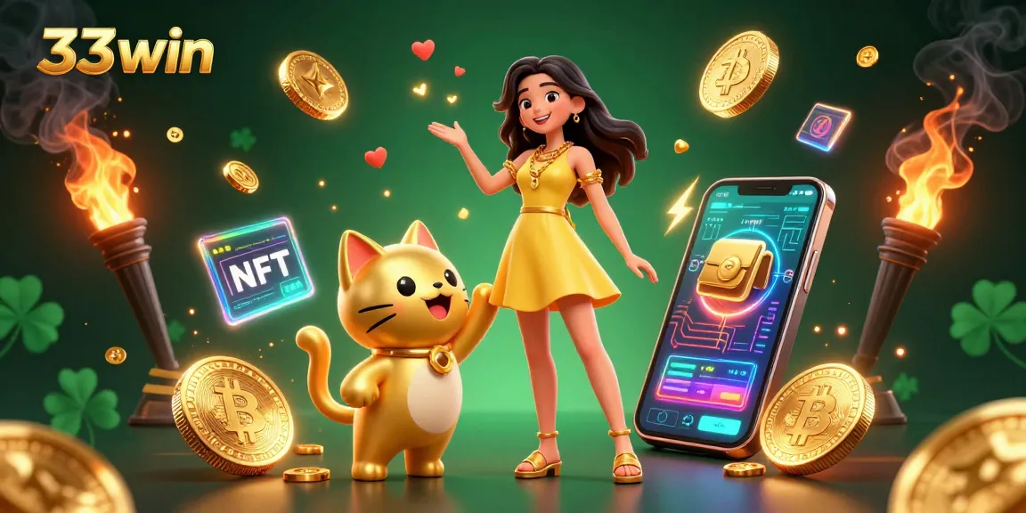 Experience winning thrills with 33win as you interact with a golden lucky cat amidst vibrant casino elements.