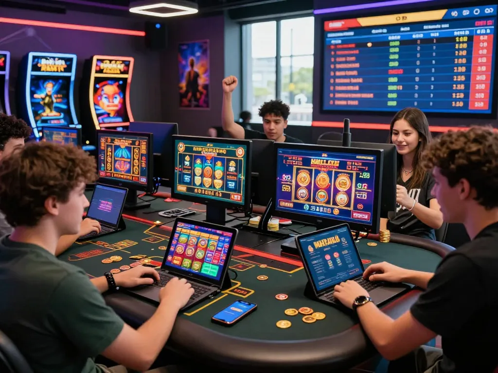 Players enjoying games at mantra88 online gaming platform, celebrating wins in a vibrant setup.