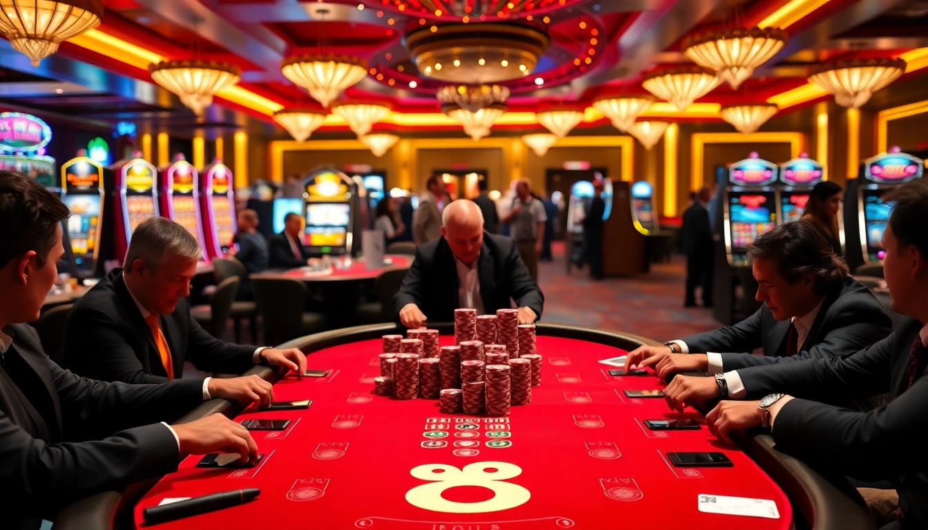 A thrilling scene at go 88 casino with players engaged at a poker table, highlighting excitement and luxury.