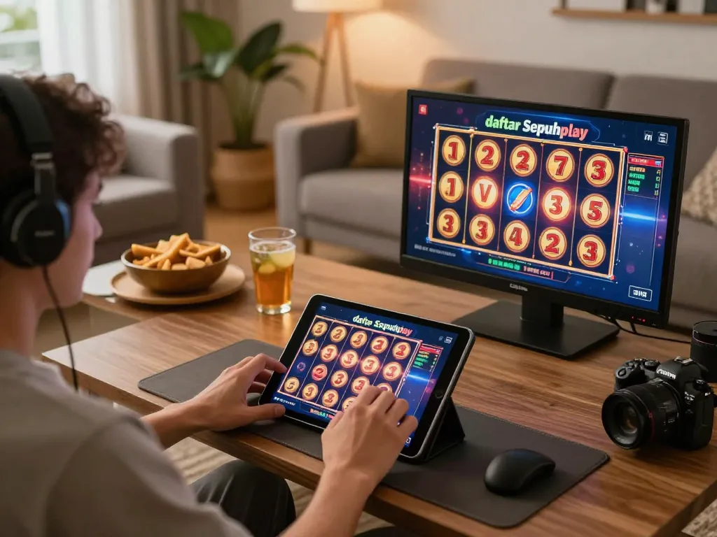 Step into the excitement of daftar Sepuhplay, enjoying dynamic slot gameplay on a tablet in a cozy home setting.