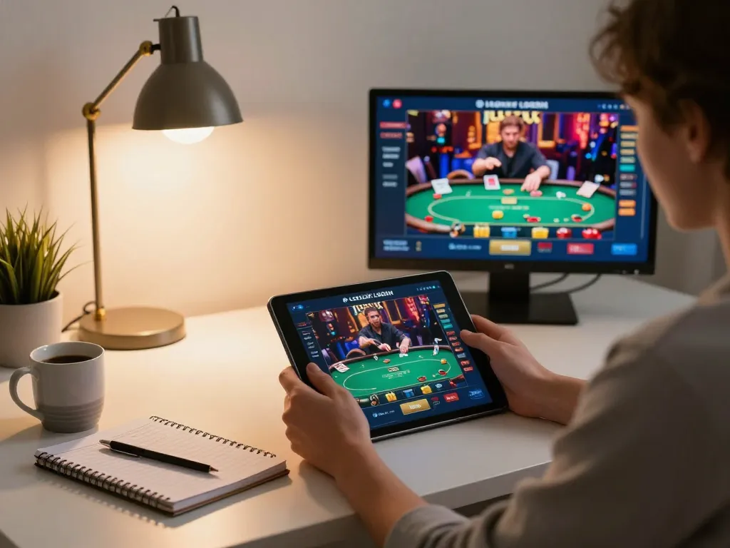 Engaging online gaming setup highlighting LGOLUX LOGIN with tablet displaying poker game interface.