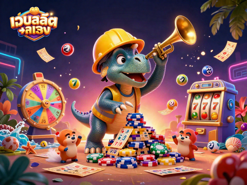 Capture the excitement of เว็บสล็อตตรง as the dinosaur duo celebrates a big win amid vibrant casino elements.