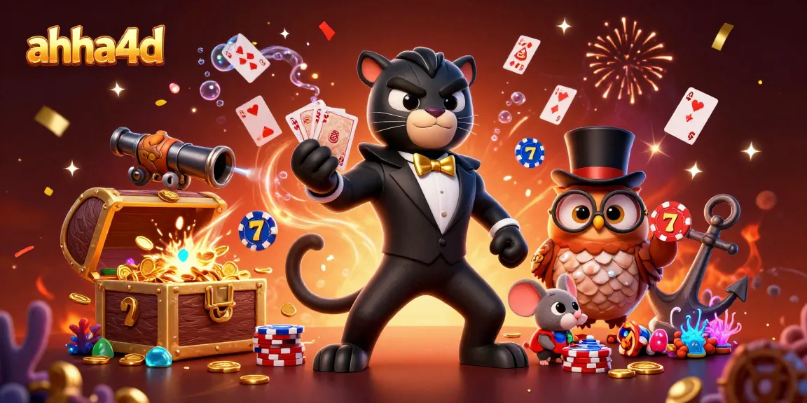 Engage with ahha4d's dynamic casino scene featuring a stylish panther dealer, owl with chips, and lucky mouse amidst vibrant gaming elements.
