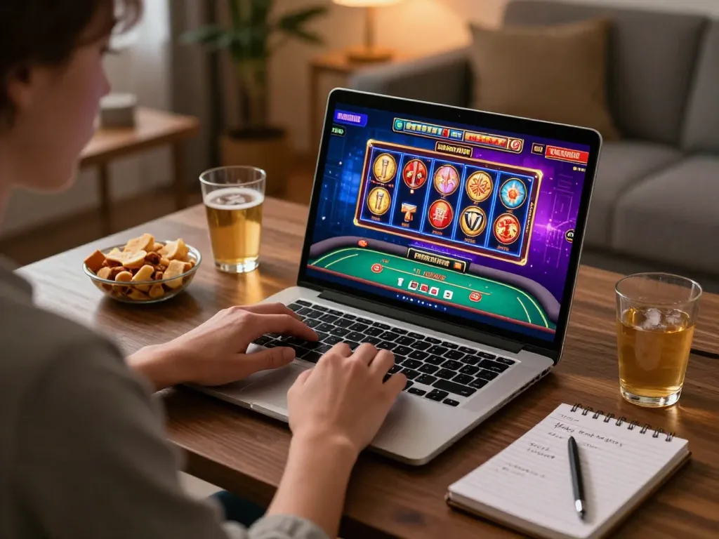 Engaging with BERLIAN889 online gaming, enjoying slots and poker at a cozy home workstation.