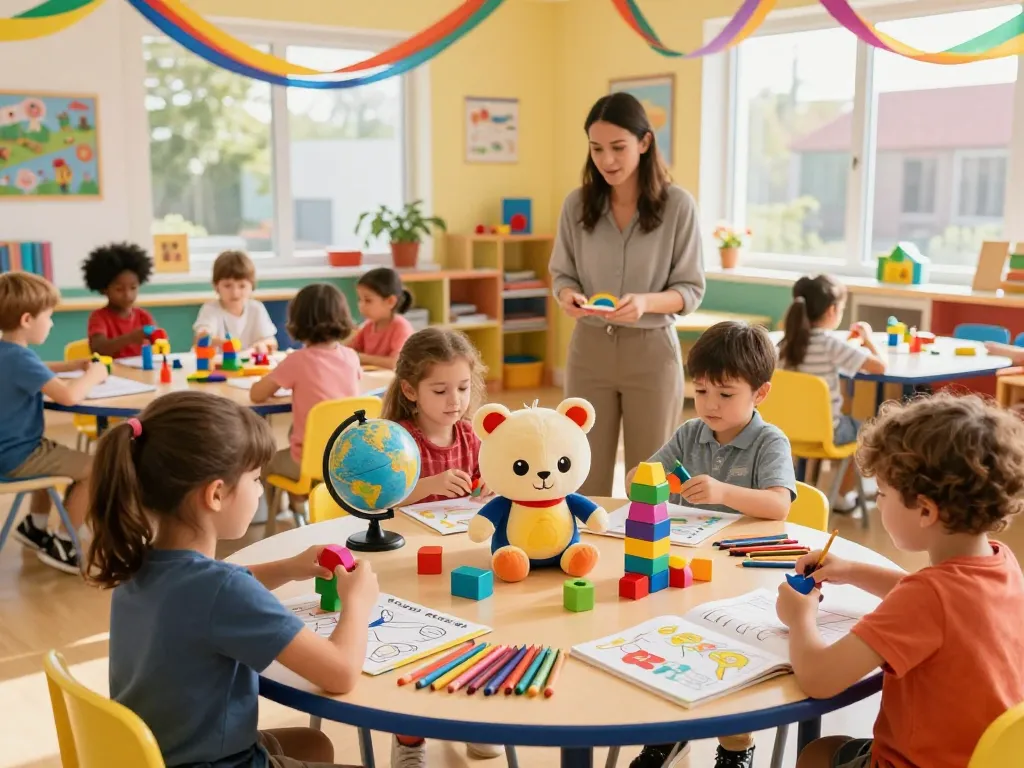 Children playing with Rakun 77 plush toys in a colorful classroom.
