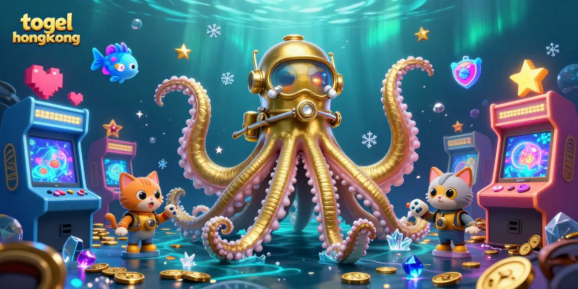 Engage with thrilling togel hongkong visuals featuring a kraken and diving cat in a vibrant casino scene