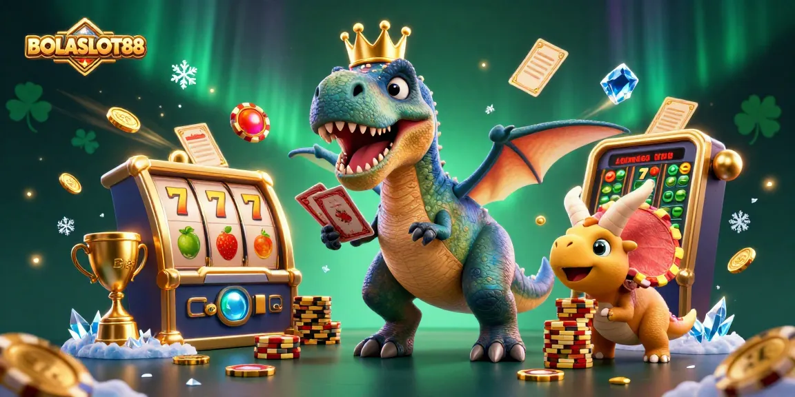 BOLASLOT88 menampilkan ilustrasi 3D dengan karakter kartun T-Rex, pterodactyl, dan triceratops di lingkungan kasino yang mewah.