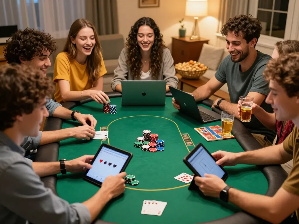 Friends enjoying poker on laptops during a lively UG DEWA online gaming night, fostering responsible gaming.