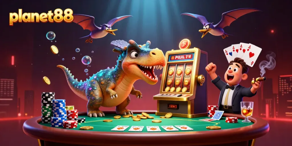 Discover the thrilling action of planet88 as a cartoon dinosaur wins coins from a slot machine.