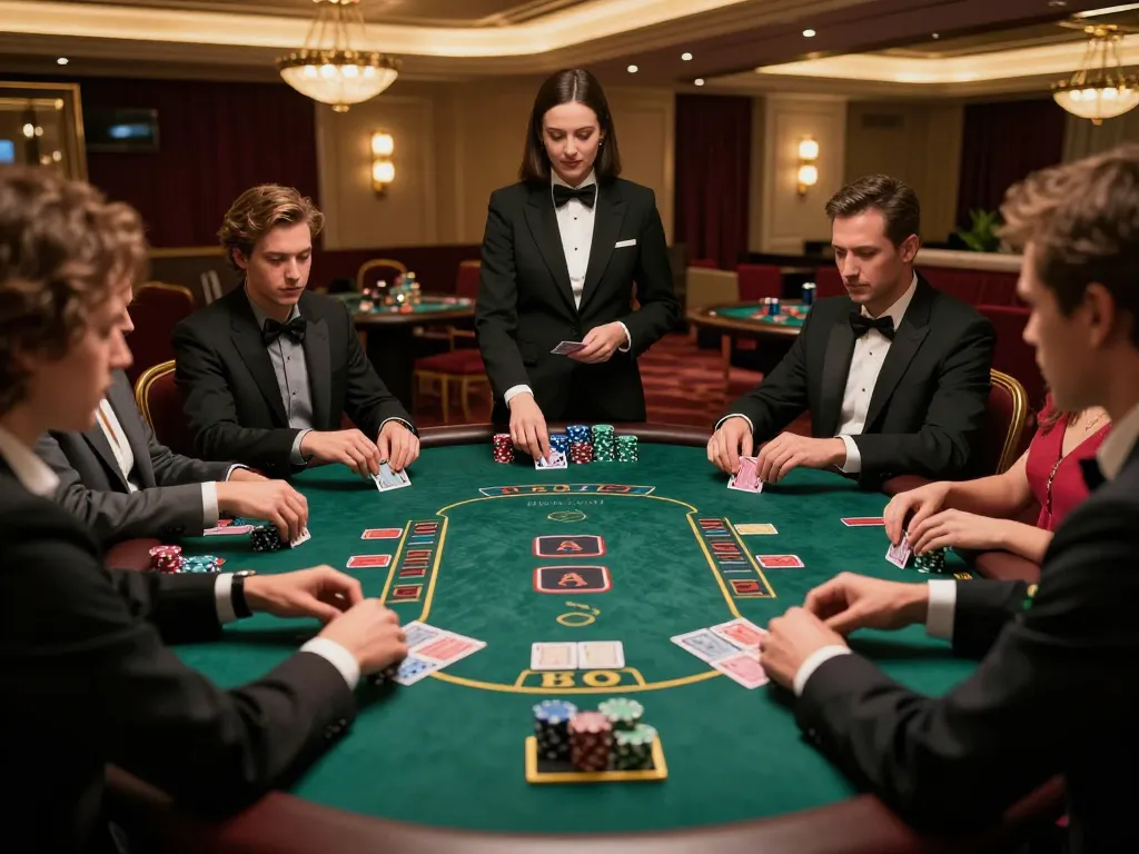 Engaging blackjack table gameplay showcasing an a la carte menu of strategic bets and player interactions.