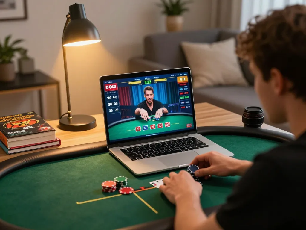LGO GOAL player initiating a bet during an exciting online poker game at home, showcasing strategic gameplay.