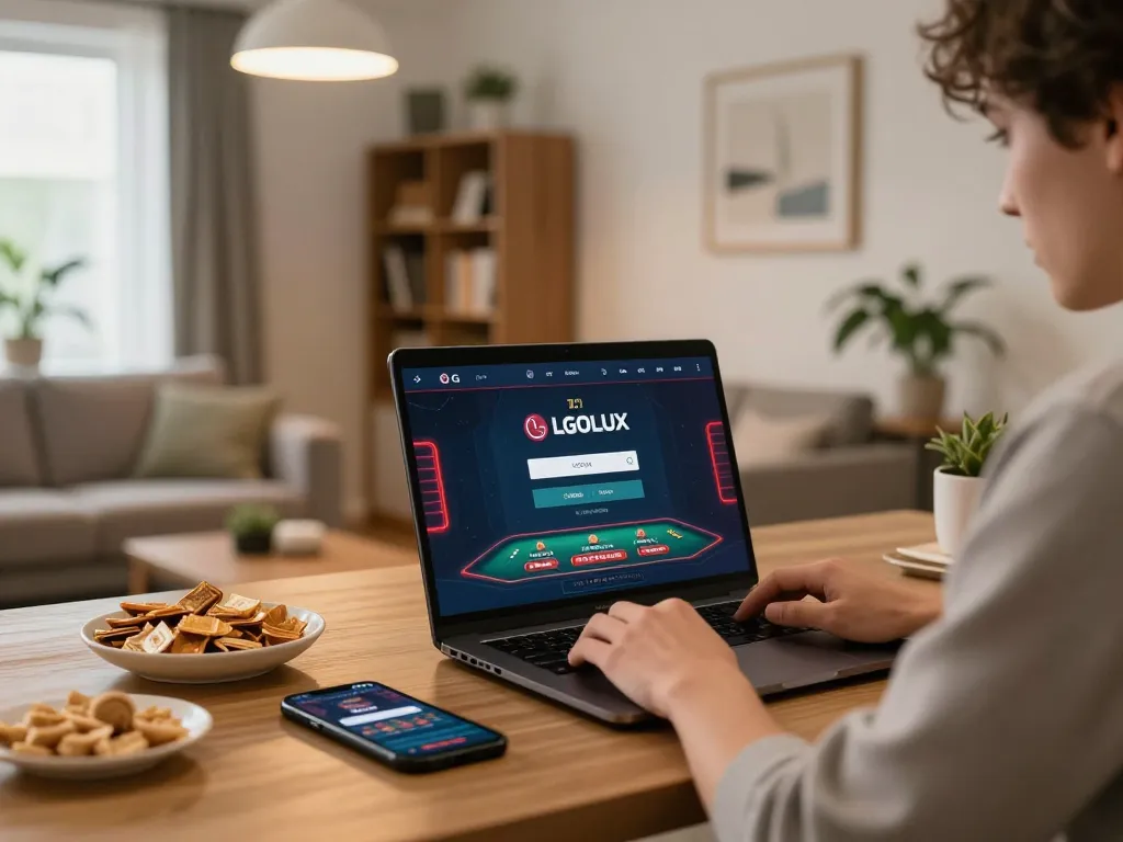 Login to LGOLUX for online gaming with a cozy home setup showcasing live dealer tables.