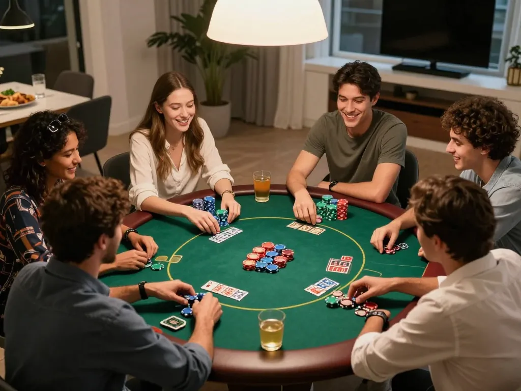 Friends enjoying a Fun88 poker night, showcasing strategic gameplay and social interaction.