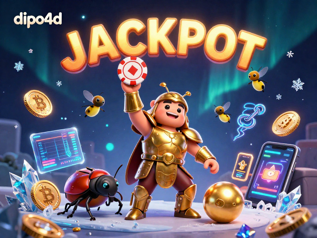 Boost your winnings with the dipo4d illustration showcasing a victorious beetle champion in a vibrant casino setting.