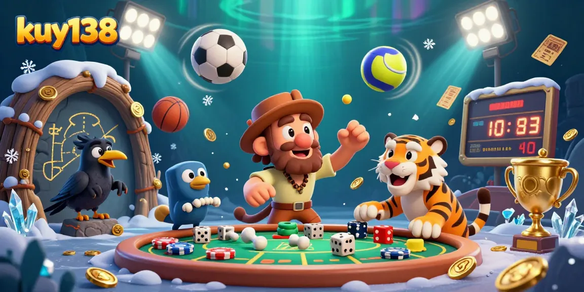 Kuy138 mengelola kasino prasejarah dengan pion poker dan dadu di antara bola olahraga yang terbang.