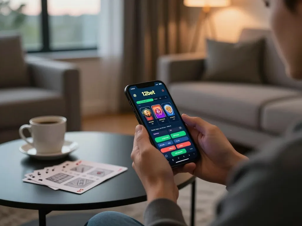 Tham gia trò chơi di động với ứng dụng 12bet trên smartphone trong một không gian gia đình ấm cúng.
