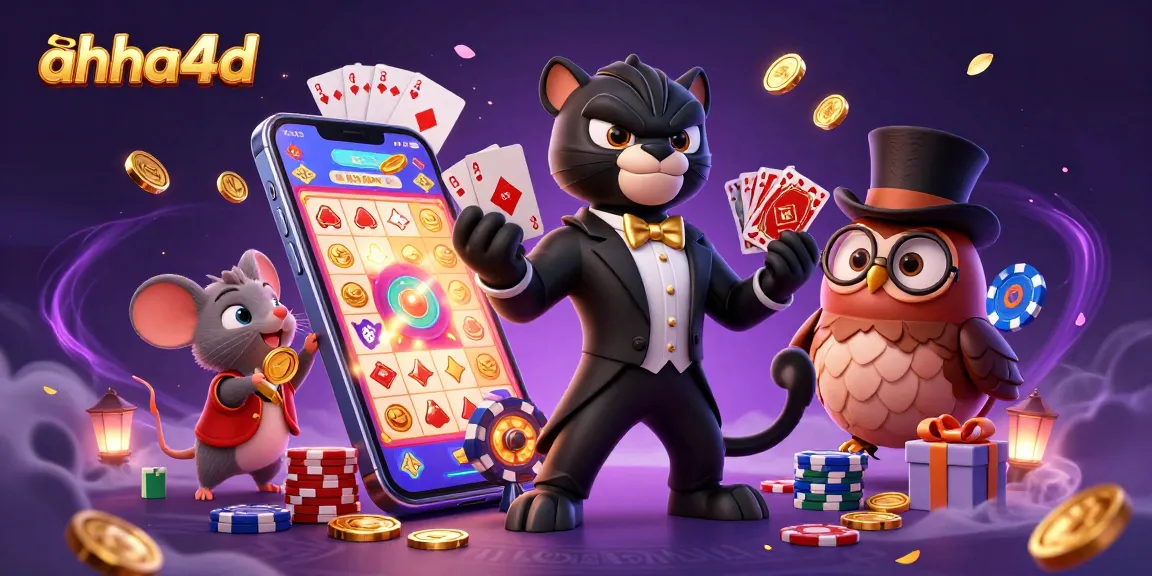 Play exciting games with ahha4d, featuring a stylish black panther, an owl, and a lucky mouse in a vibrant casino scene.