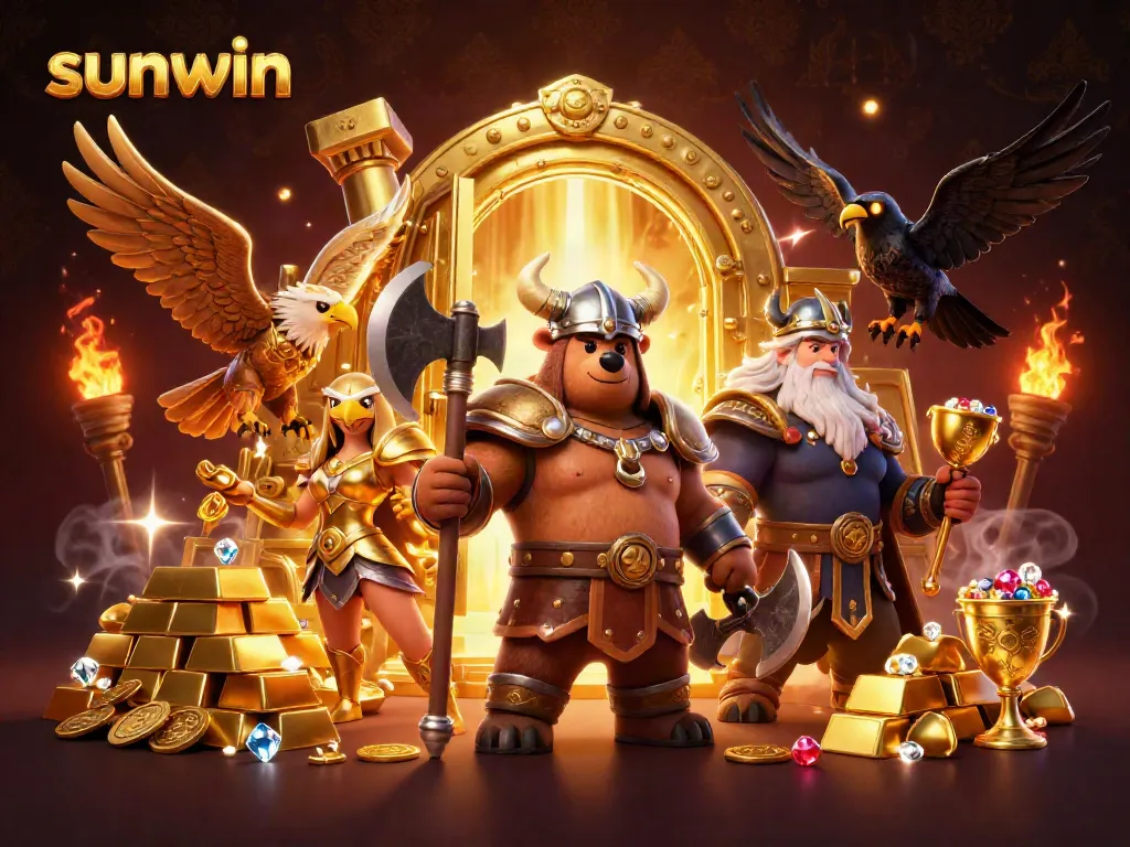 Win big at sunwin with a vibrant Viking scene featuring treasure and adventure in a dynamic casino setting.