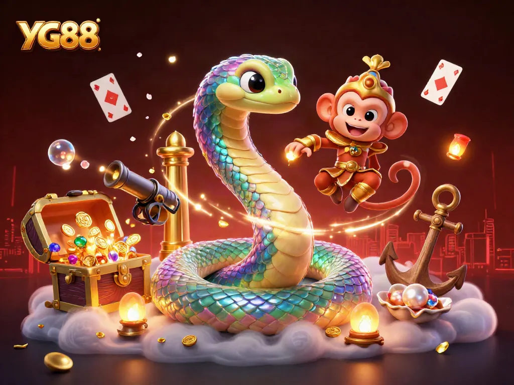 Experience YG88's vibrant gaming world with a playful monkey and a rainbow serpent amidst treasures.