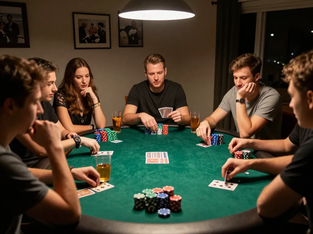 Engaged friends playing poker at home, showcasing lc88 gaming strategy and camaraderie atmosphere