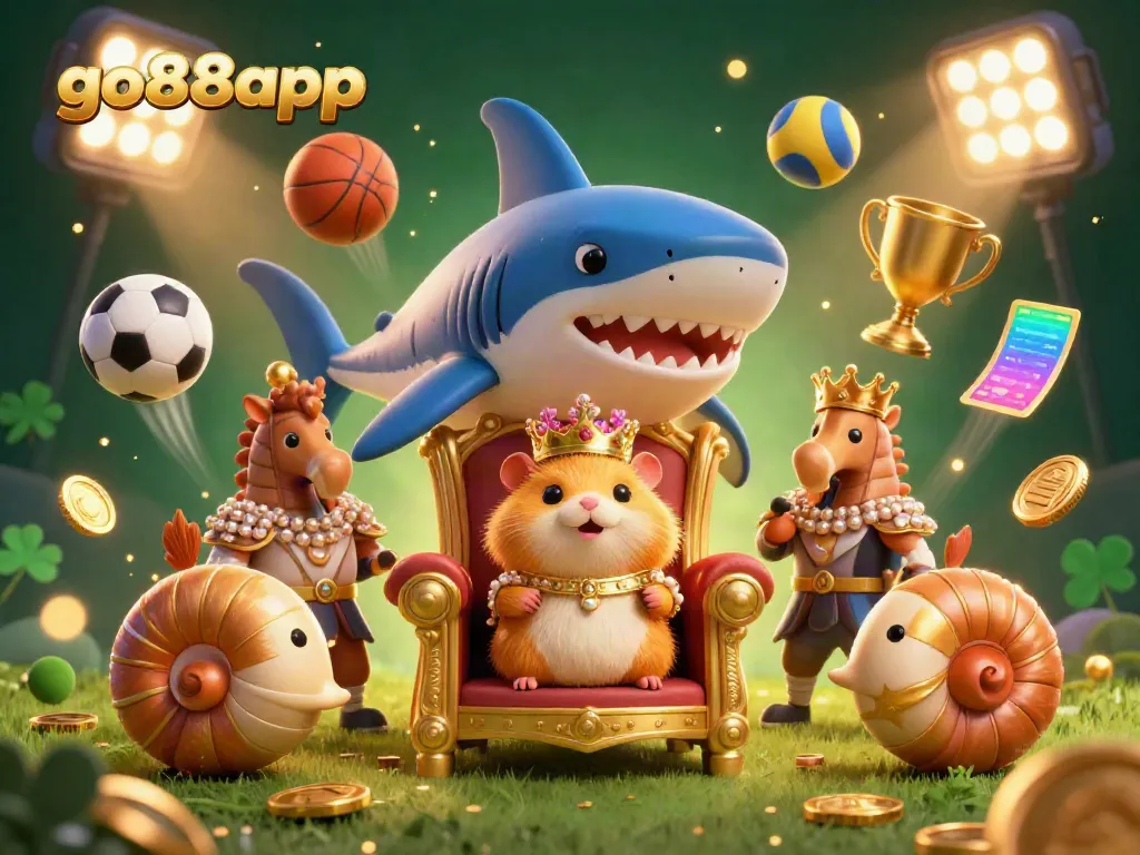 Win big with go88app illustrated by a fierce golden hamster king among dynamic sports elements.