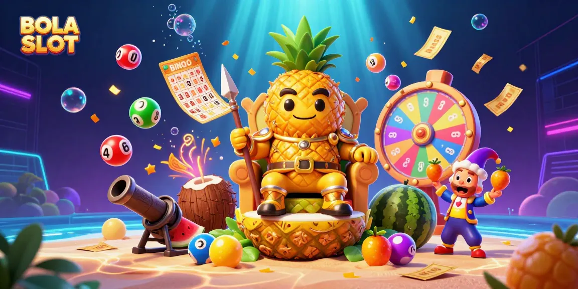 BOLA SLOT gameplay featuring a golden pineapple king amidst vibrant casino elements and dynamic animations.