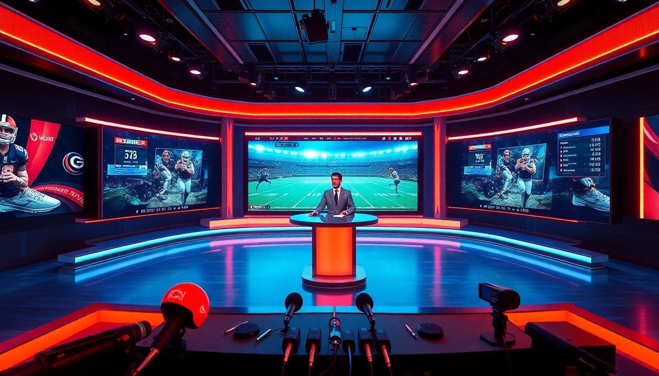 Captivating scene of sports broadcasting featuring a professional anchor amidst dynamic visuals.