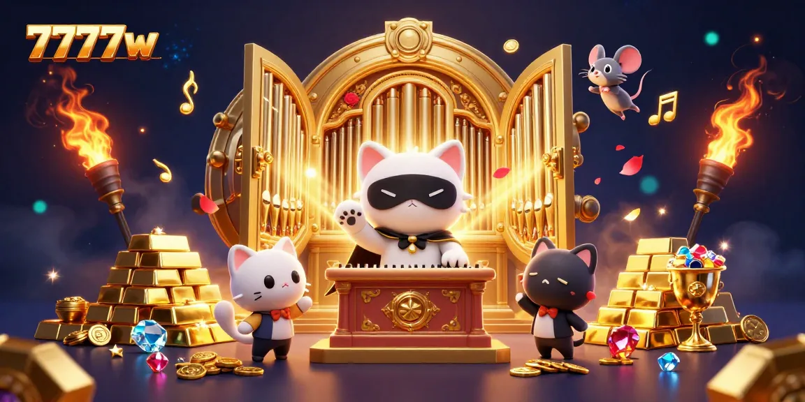 Immerse yourself in 7777w's thrilling gameplay with a whimsical casino scene featuring a masked cat playing the organ.