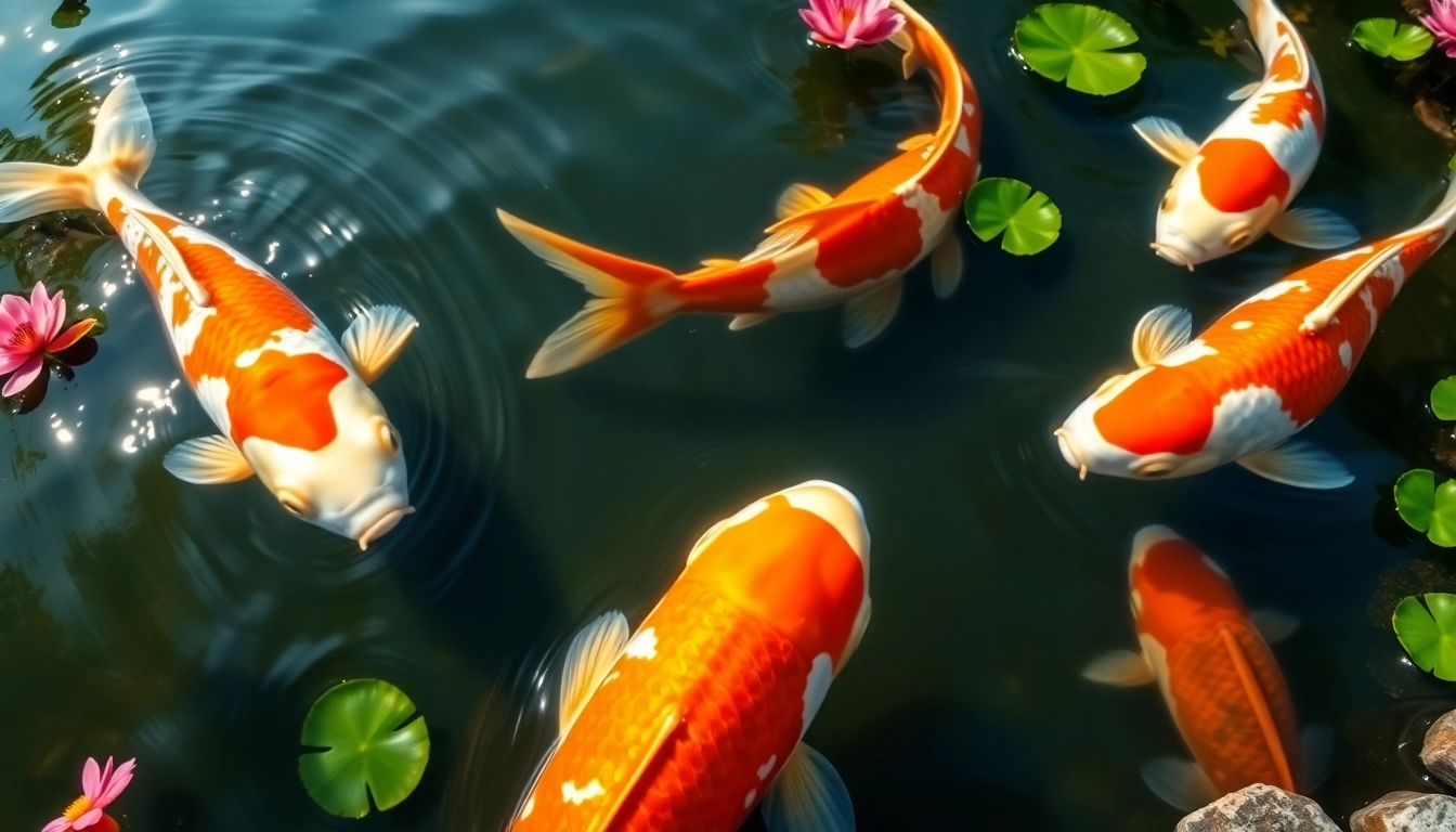 Koi toto berenang di kolam indah dikelilingi tanaman air yang berwarna-warni.