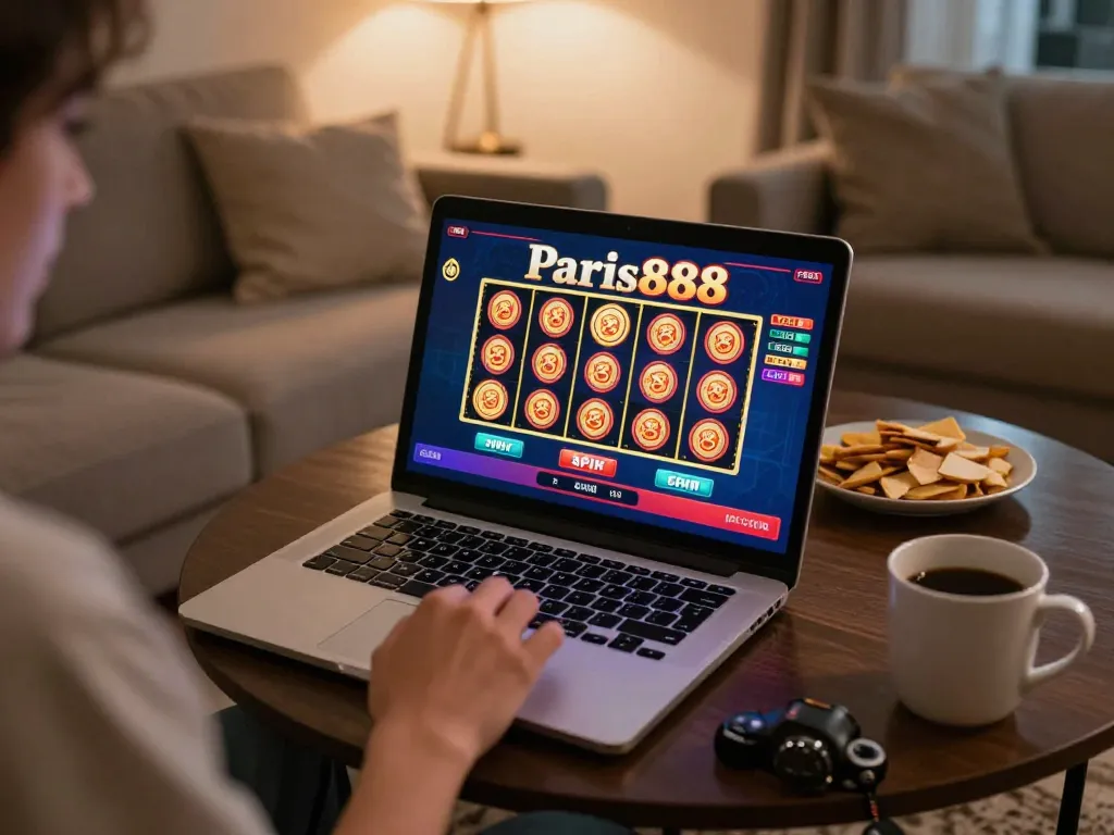Engaging with Paris888 online slots while preparing to spin the reels in a cozy home setting