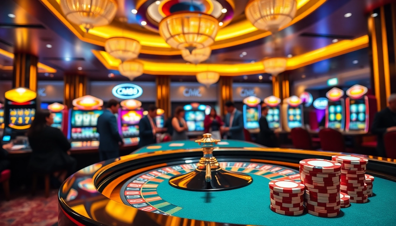 Exciting gaming adventure at CM88 with poker chips and roulette table.