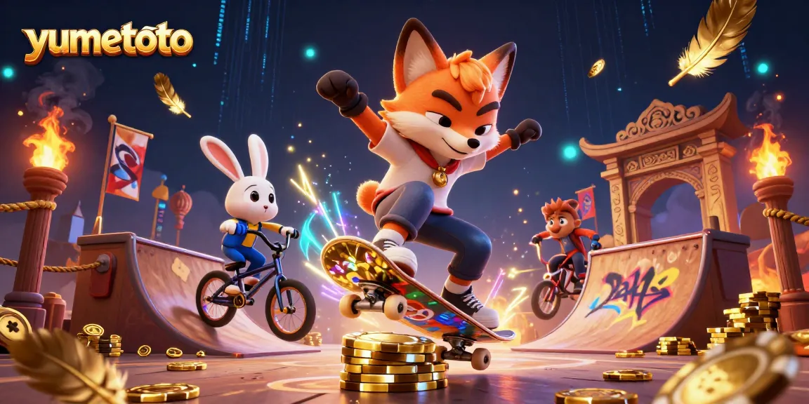 yumetoto platform features a fun 3D fox skateboarder and rabbit rider in an interactive casino atmosphere