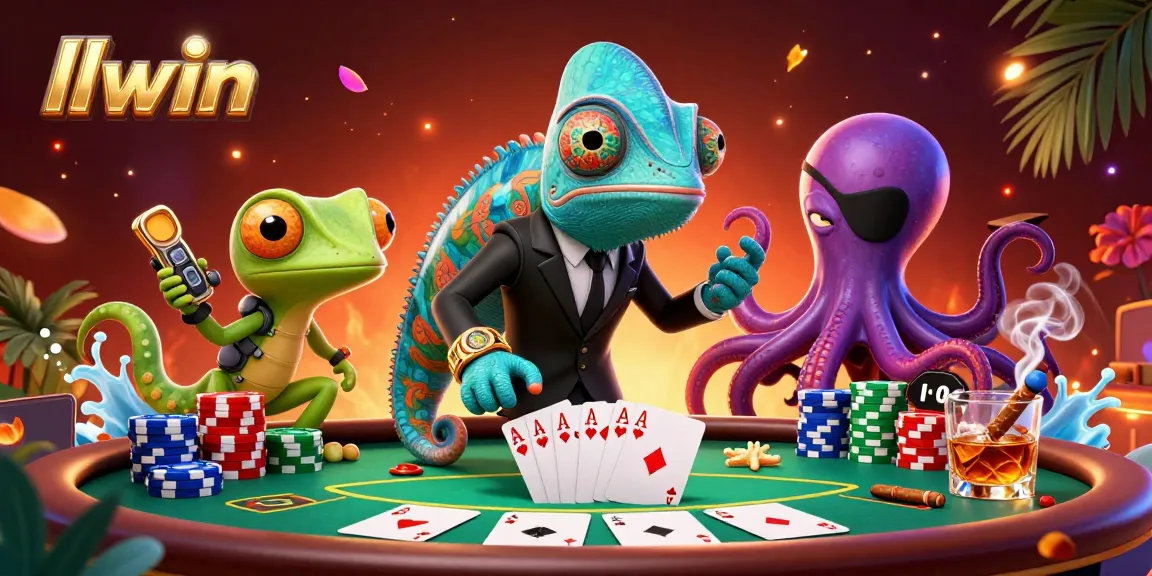 Engage with llwin at a vibrant poker scene featuring a secret agent chameleon and dynamic casino elements.