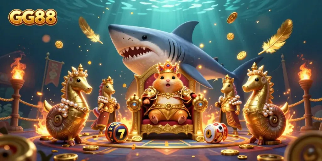 Experience thrilling games at GG88 with a golden hamster king ruling over stunning casino elements.