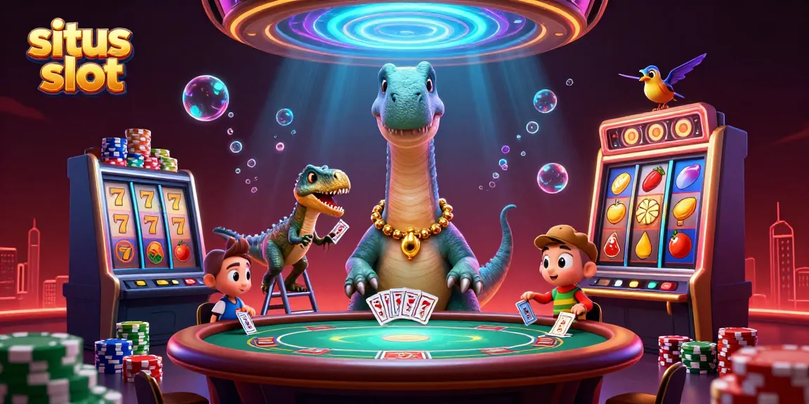 Situs slot terbaik menampilkan brontosaurus menyenangkan dengan simbol jackpot di kasino yang penuh warna.