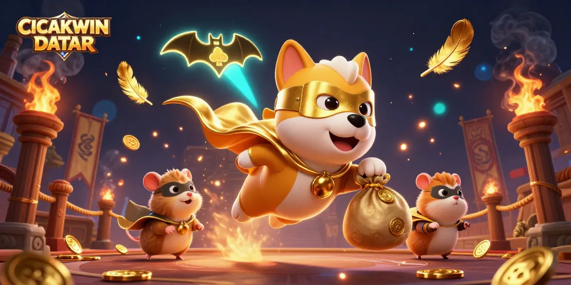 CICAKWIN DATAR showcases thrilling online gaming with a superhero dog delivering gold coins amidst dynamic casino elements.