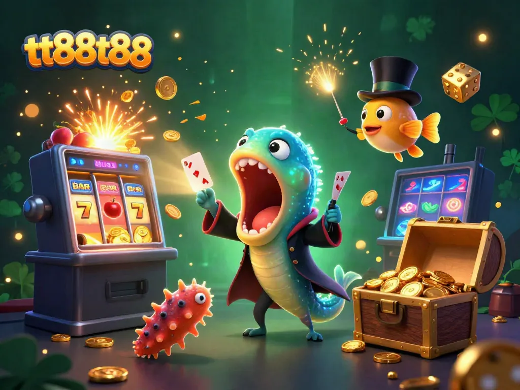tt88tt88's vibrant 3D casino scene showcases a magical eel and anglerfish amidst flying games.