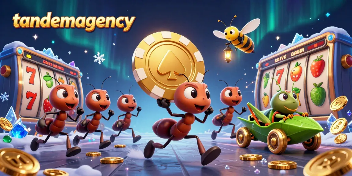 Tandemagency showcases a cartoon heist scene with ants and casino elements featuring high-stakes excitement.