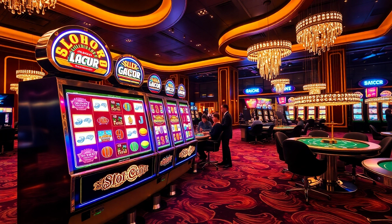 Players engaging with a Slot Gacor machine surrounded by vibrant casino decor and excitement.