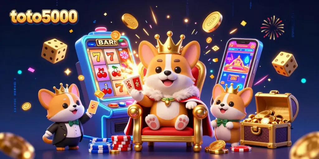 Experience the thrill of winning at toto5000 with a royal corgi surrounded by vibrant casino elements.