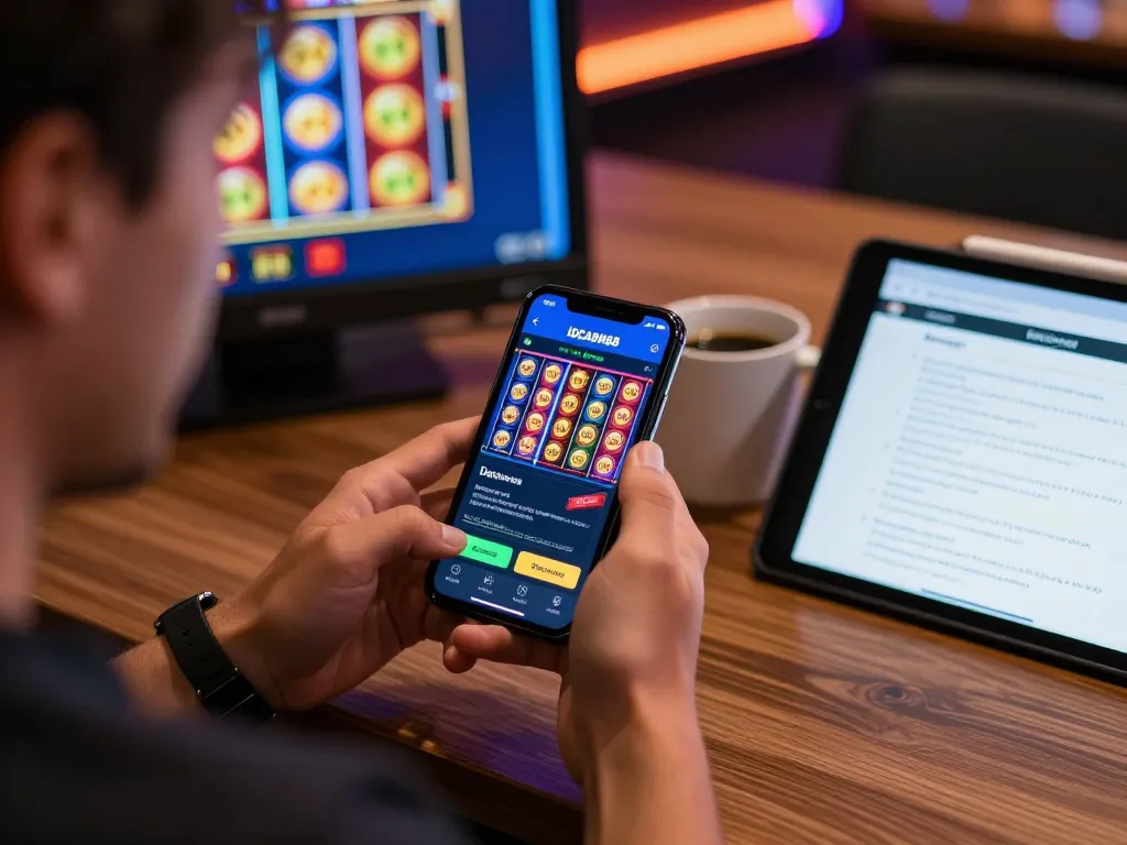 IDCASH88 Daftar app interface engaged in thrilling online slot gameplay with colorful reels.