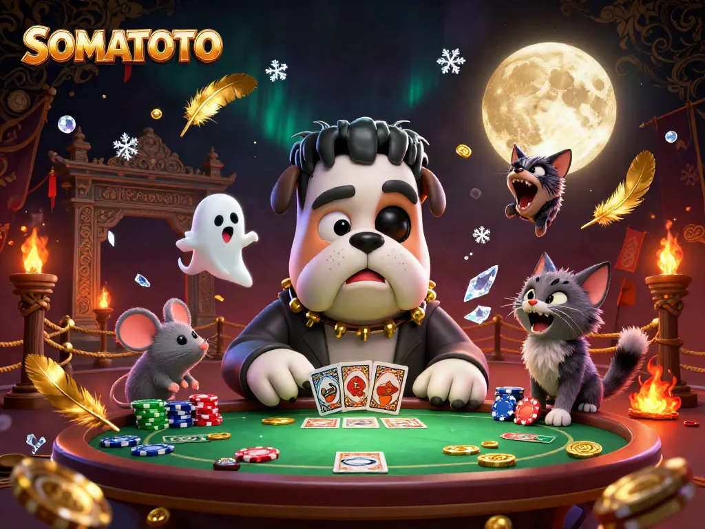 SOMATOTO showcases a lively card game scene with a Frankenstein bulldog and friends, highlighting the excitement of online gambling.