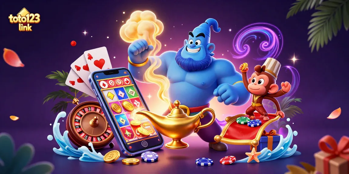 Toto123 link reveals winning strategies with vibrant 3D casino scenes featuring a genie and poker elements.