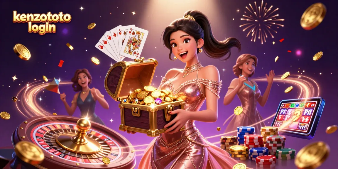 Experience thrilling wins at kenzototo login with an Asian woman unveiling treasures in a dazzling casino setting.
